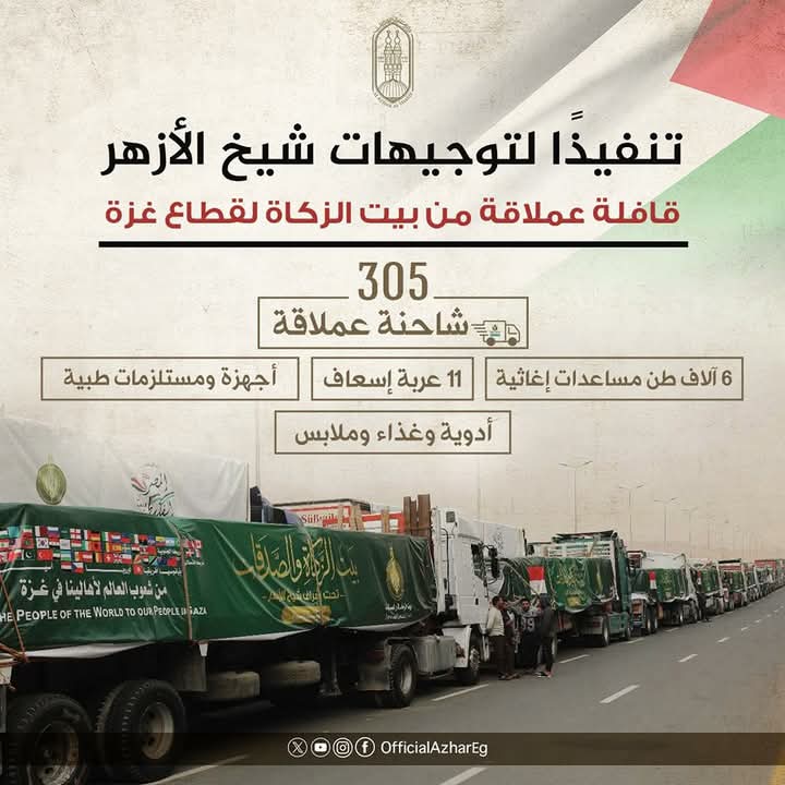 الأزهر يطلق أكبر قافلة مساعدات إلي قطاع غزة بالتعاون مع صندوق تحيا مصر